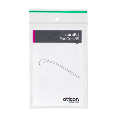 Clear plastic bag labeled Oticon miniFit Ear Grip, with a simple ear grip line drawing. The bag features a green zip seal and Oticon branding at the bottom.