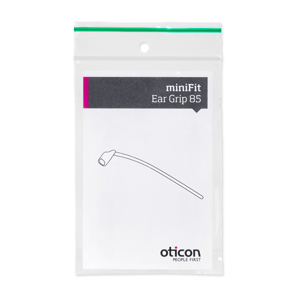 Clear plastic bag labeled Oticon miniFit Ear Grip, with a simple ear grip line drawing. The bag features a green zip seal and Oticon branding at the bottom.