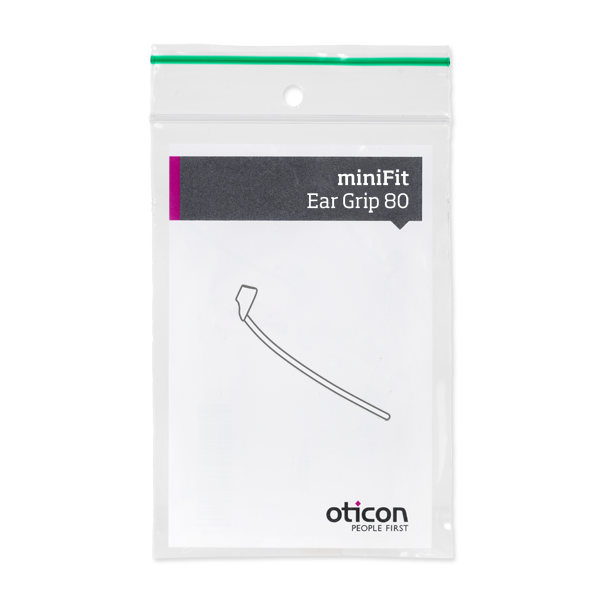 A clear plastic bag with a green zip seal contains an Oticon miniFit Ear Grip. The packaging features a line drawing of the ear grip and is labeled "miniFit Ear Grip 80" and "oticon People First.