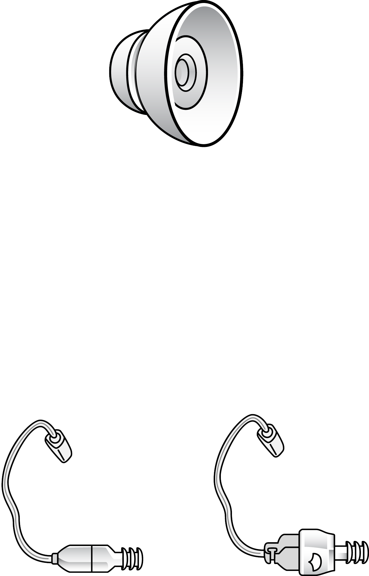 A gray megaphone at the top and two Dome ThinTube & Receiver Power Size Medium hearing aids with ear hooks and cords at the bottom, displayed on a white background.