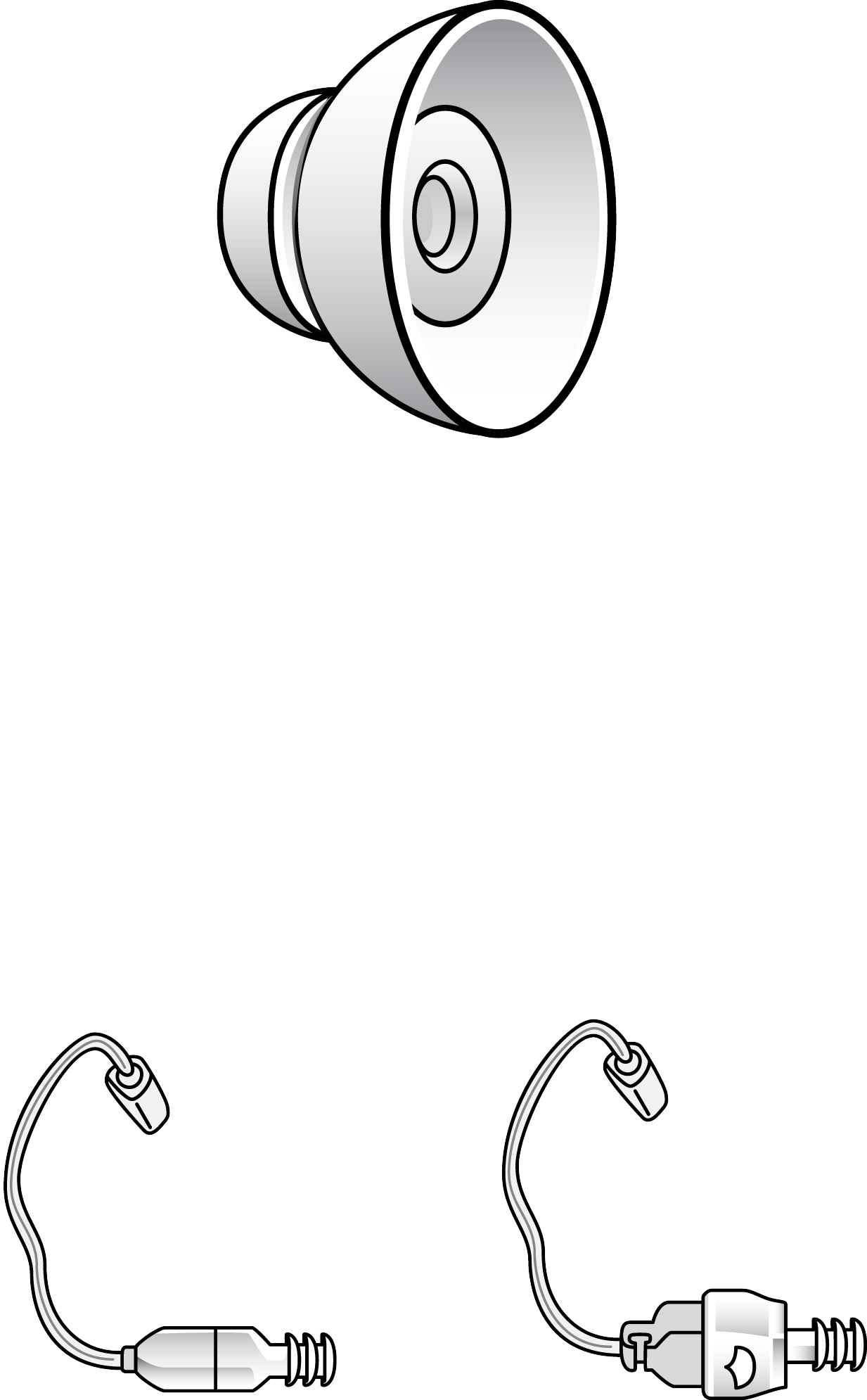 A grayscale illustration shows a loudspeaker above two hearing aids with ear hooks and cords. The right one, "Dome ThinTube & Receiver Power Size Large," includes a Dome ThinTube and a small switch or button.