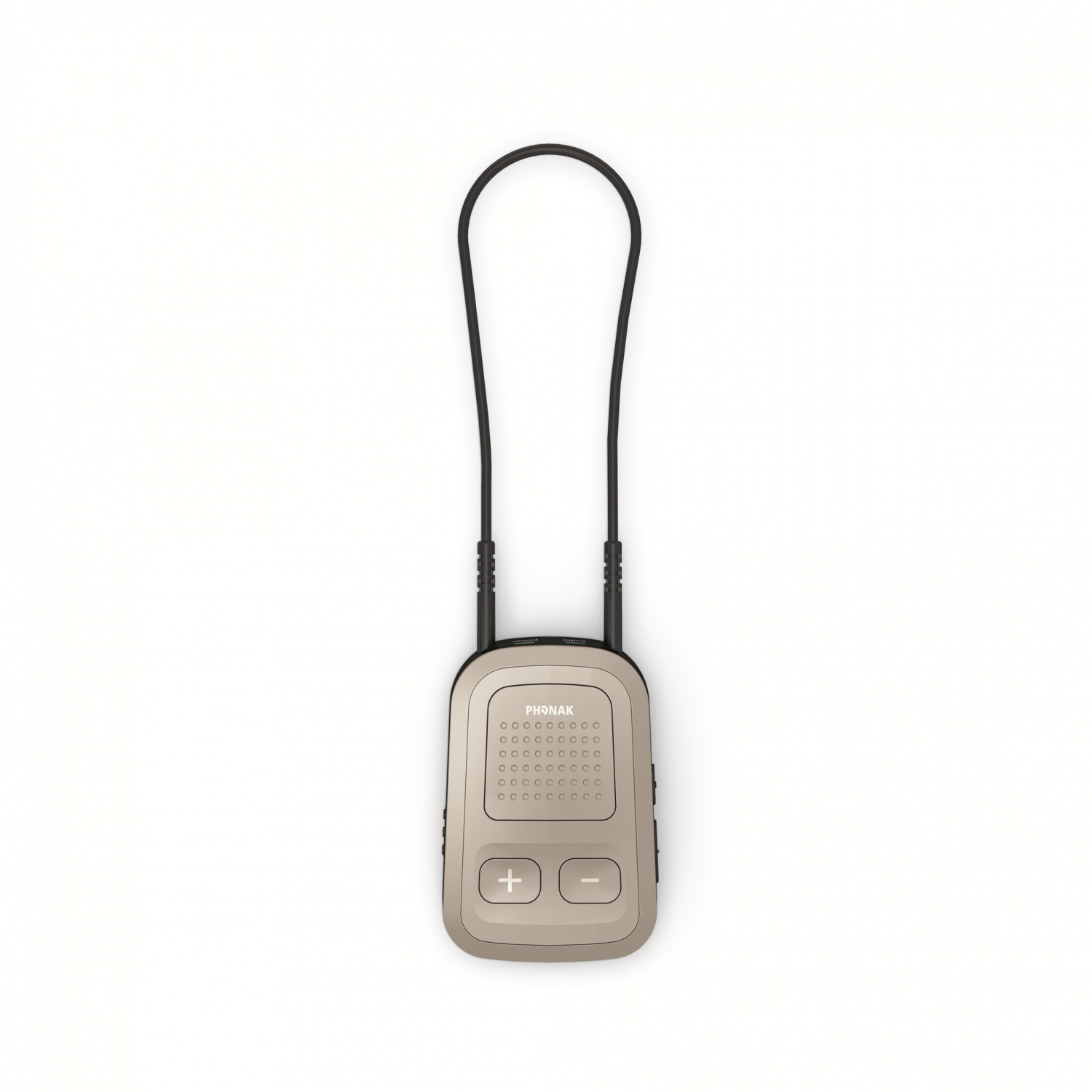A small, rectangular beige Phonak ComPilot II with a black neck loop is shown centered on a white background. It has a speaker, two large plus and minus volume buttons, and a square button below. The device is labeled "Phonak.
