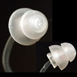 Close-up of transparent, double-flanged silicone Power dome (HP receiver) earbud tips attached to black earphone wires, shown from two angles against a dark background.