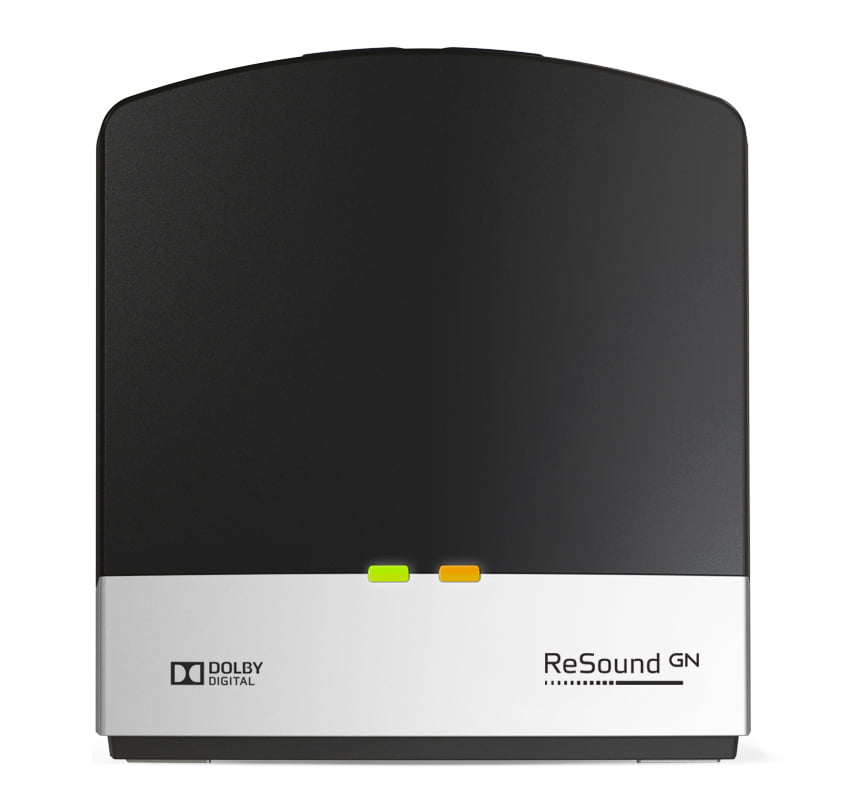 A ReSound Unite TV Streamer 2 device in black and white with Dolby Digital branding, featuring green and amber indicator lights on the front panel.