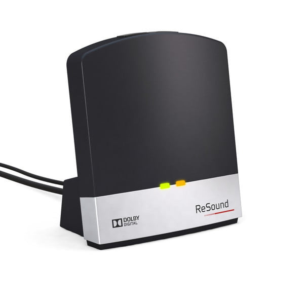 A ReSound Unite TV Streamer 2 in black and silver with Dolby Digital branding, green and yellow front indicator lights, and a rear cable, shown against a white background.