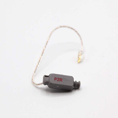 A compact gray Easywear wired RIC (P-Receiver) device labeled P2R, featuring a thin curved wire, is shown on a white background.